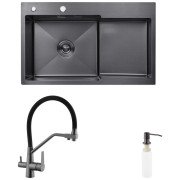 Мойка для кухни Kroner KRP Schwarze-7848LHM 78х48 см со смесителем и дозатором нержавеющая сталь черный PVD CVS30116