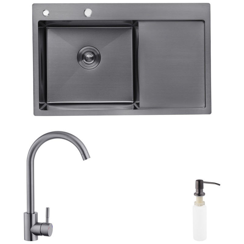 Мийка для кухні Kroner KRP Schwarze-7849LHM 78х49 см із змішувачем та дозатором нержавіюча сталь чорний PVD CVS30118