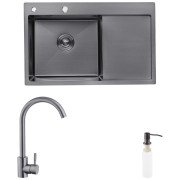 Мийка для кухні Kroner KRP Schwarze-7849LHM 78х49 см із змішувачем та дозатором нержавіюча сталь чорний PVD CVS30118