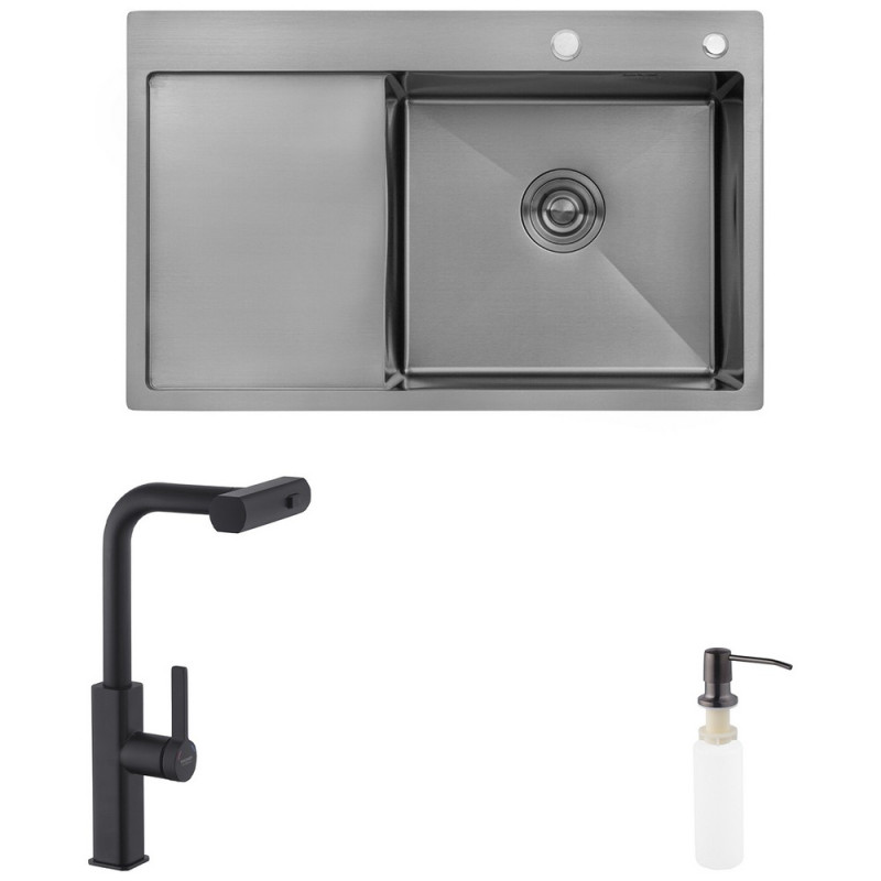 Мийка для кухні Kroner KRP Schwarze-7849RHM 78х49 см із змішувачем та дозатором нержавіюча сталь чорний PVD CVS30126