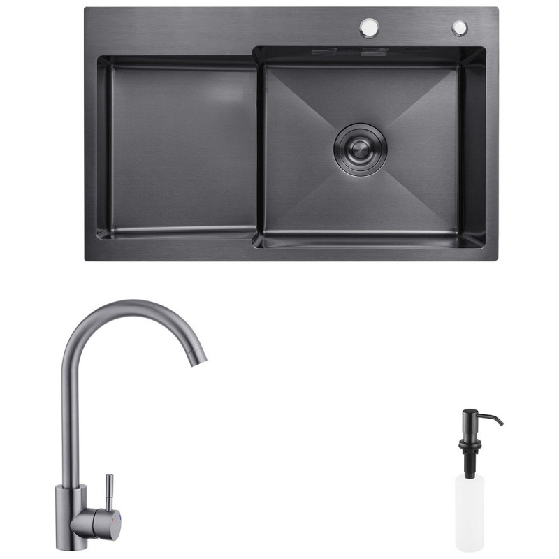 Мийка для кухні Kroner KRP Schwarze-7848RHM 78х48 см із змішувачем та дозатором нержавіюча сталь чорний PVD CVS30120