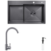 Мойка для кухни Kroner KRP Schwarze-7848RHM 78х48 см со смесителем и дозатором нержавеющая сталь черный PVD CVS30120