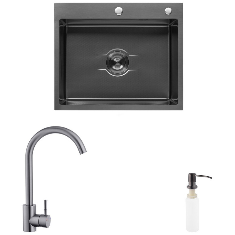 Мийка для кухні Kroner KRP Derby-6050HM 60х50 см із змішувачем та дозатором нержавіюча сталь чорний PVD CVS30122