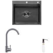 Мойка для кухни Kroner KRP Derby-6050HM 60х50 см со смесителем и дозатором нержавеющая сталь черный PVD CVS30122