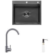Мойка для кухни Kroner KRP Derby-6050HM 60х50 см со смесителем и дозатором нержавеющая сталь черный PVD CVS30122