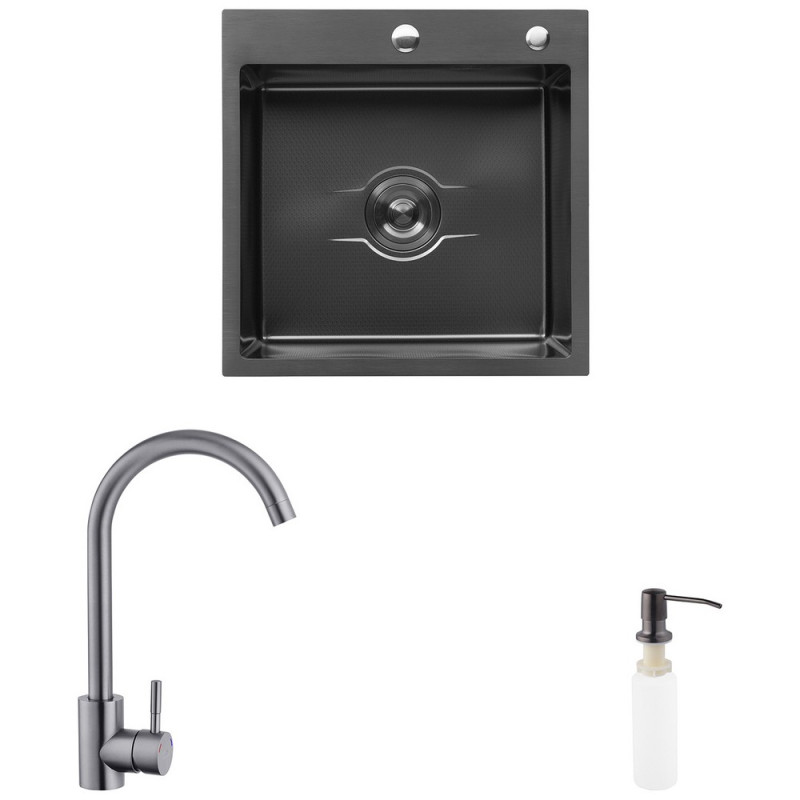 Мийка для кухні Kroner KRP Derby-5050HM 50х50 см із змішувачем та дозатором нержавіюча сталь чорний PVD CVS30123