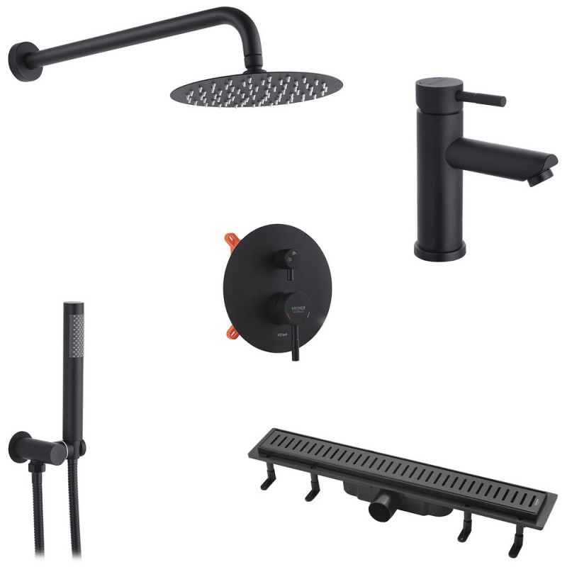 Набор 3 в 1 душевая система Kroner Edelstahl Klassisch-SCH082 + смеситель Edelstahl Klassisch-SCH010 + трап Harz SCH60 черный CVS30168