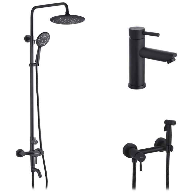 Набір 3 в 1 душова система Kroner Edelstahl Klassisch-SCH063 + змішувач для раковини Edelstahl Klassisch-SCH010 + душ гігієнічний SCH052 чорний CVS30171