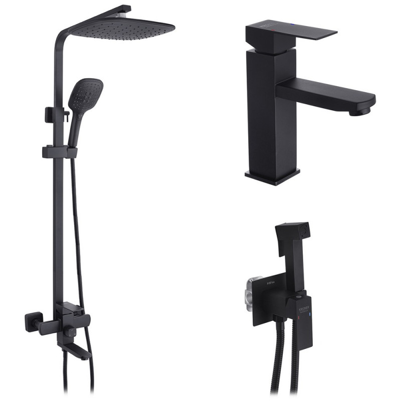 Набор 3 в 1 душевая система Kroner Edelstahl Kubus-SCH063 + смеситель Edelstahl Kubus-SCH010 + гигиенический душ SCH053 черный CVS30176