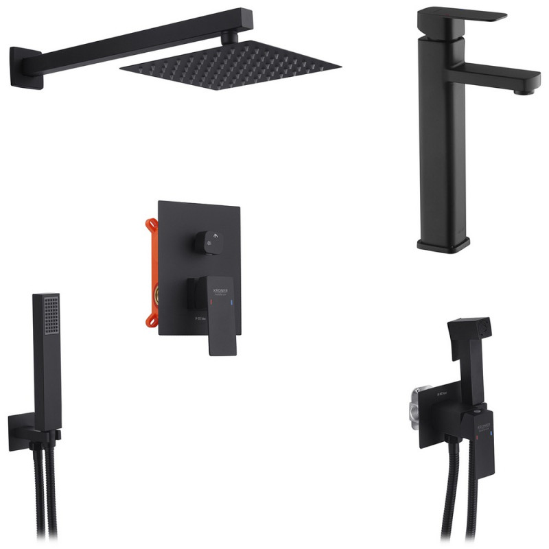 Набір 3 в 1 душова система Kroner Edelstahl Kubus-SCH082 + змішувач Edelstahl Kubus-SCH010-3 + гігієнічний душ SCH053 чорний CVS30179