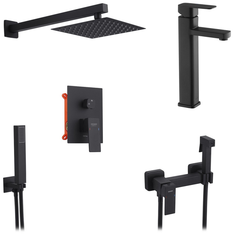 Набор 3 в 1 душевая система Kroner Edelstahl Kubus-SCH082 + смеситель Edelstahl Kubus-SCH010-3 + гигиенический душ SCH052 черный CVS30180