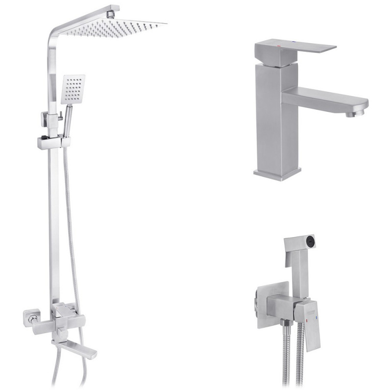 Набор 3 в 1 душевая система Kroner Edelstahl Kubus-ESG063 + смеситель Edelstahl Kubus-ESG010 + гигиенический душ ESG053 никель CVS30172