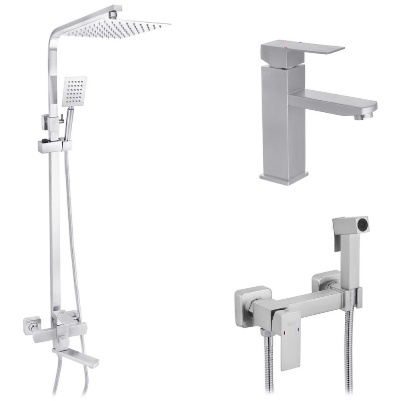 Набор 3 в 1 душевая система Kroner Edelstahl Kubus-ESG063 + смеситель Edelstahl Kubus-ESG010 + гигиенический душ ESG052 никель CVS30173