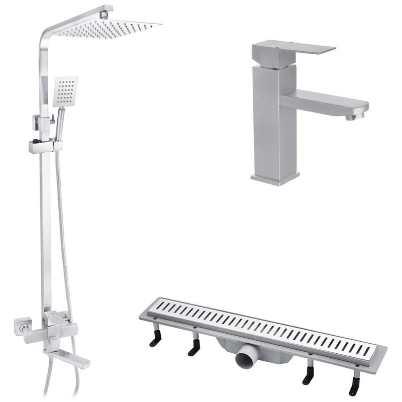 Набір 3 в 1 душова система Kroner Edelstahl Kubus-ESG063+змішувач Edelstahl Kubus-ESG010+трап Harz S60 нікель CVS30174