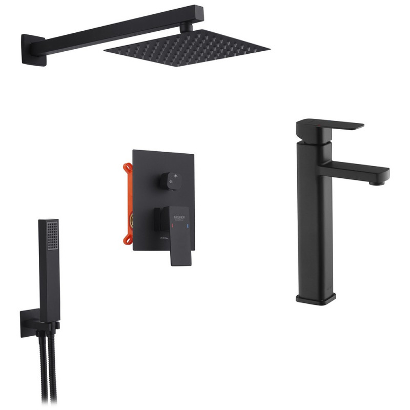 Набір 2 в 1 душова система Kroner Edelstahl Kubus-SCH082 + змішувач для раковини Edelstahl Kubus-SCH010-3 чорний CVS30178