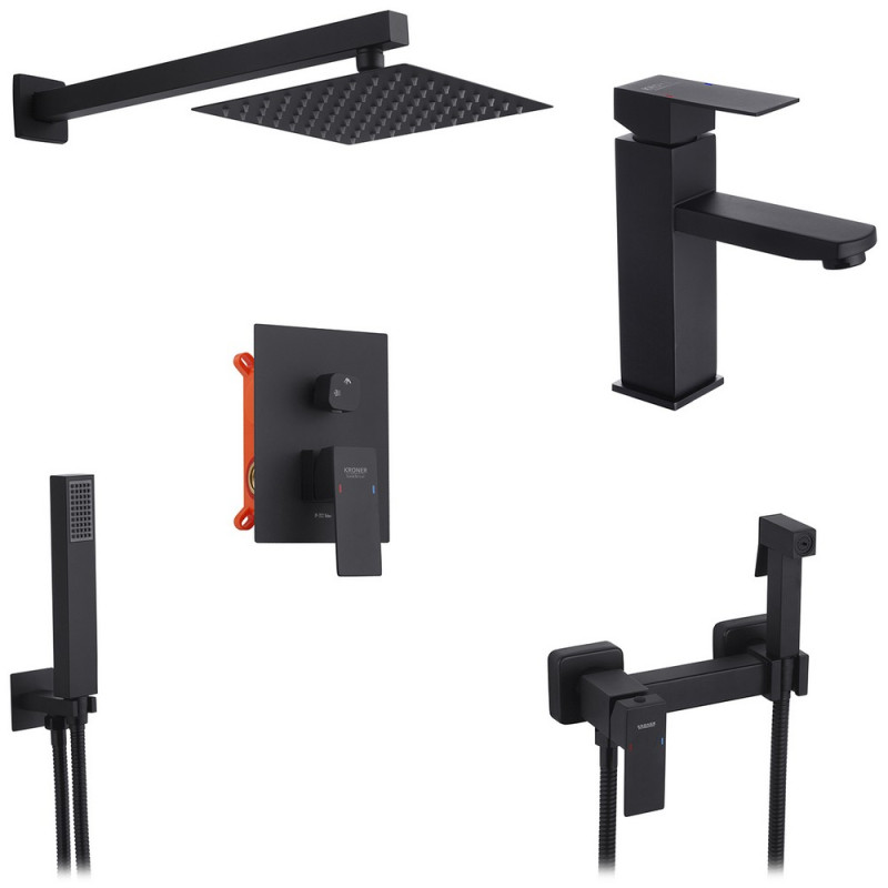 Набір 3 в 1 душова система Kroner Edelstahl Kubus-SCH082 + змішувач Edelstahl Kubus-SCH010 + гігієнічний душ SCH052 чорний CVS30183