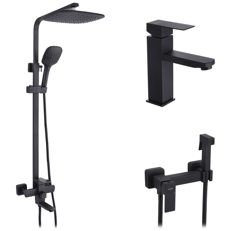 Набор 3 в 1 душевая система Kroner Edelstahl Kubus-SCH063 + смеситель Edelstahl Kubus-SCH010 + гигиенический душ SCH052 черный CVS30184