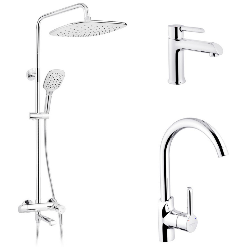 Набір 3 в 1 душова система Kroner Essen-C063 + змішувач для раковини Essen-C010 + змішувач Essen-C030 хром CVS30216