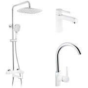 Набір 3 в 1 душова система Kroner Essen-W063 + змішувач для раковини Essen-W010 + змішувач Essen-W030 хром/білий CVS30218