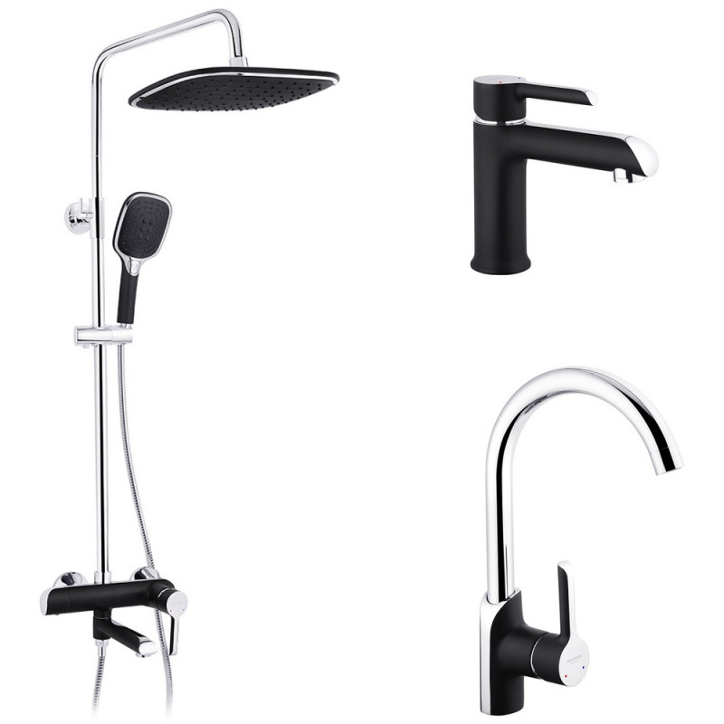 Набор 3 в 1 душевая система Kroner Essen-SCH063 + смеситель для раковины Essen-SCH030 + смеситель Essen-SCH010 хром/черный CVS30219