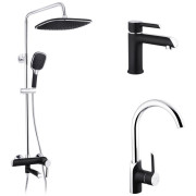 Набір 3 в 1 душова система Kroner Essen-SCH063 + змішувач для раковини Essen-SCH030 + змішувач Essen-SCH010 хром/чорний CVS30219
