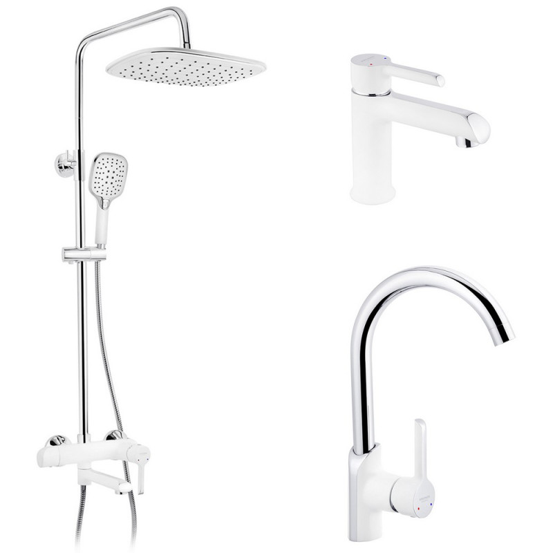 Набір 3 в 1 душова система Kroner Essen-W063 + змішувач для раковини Essen-W010 + змішувач Essen-W030 хром/білий CVS30218