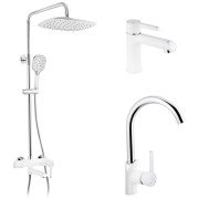 Набір 3 в 1 душова система Kroner Essen-W063 + змішувач для раковини Essen-W010 + змішувач Essen-W030 хром/білий CVS30218