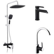 Набір 3 в 1 душова система Kroner Essen-SCH063 + змішувач для раковини Essen-SCH030 + змішувач Essen-SCH010 хром/чорний CVS30219