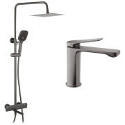 Набор 2 в 1 душевая система Kroner Makon-GRP063 + смеситель для раковины Makon-GRP010 графит CVS30226