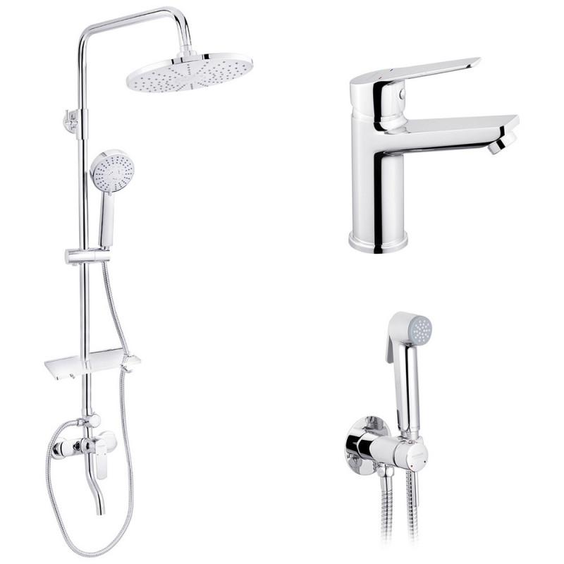 Набор 3 в 1 душевая система Kroner Armada-C064K + смеситель Hagen-C010 + гигиенический душ Bidet-C082 хром CVS30203