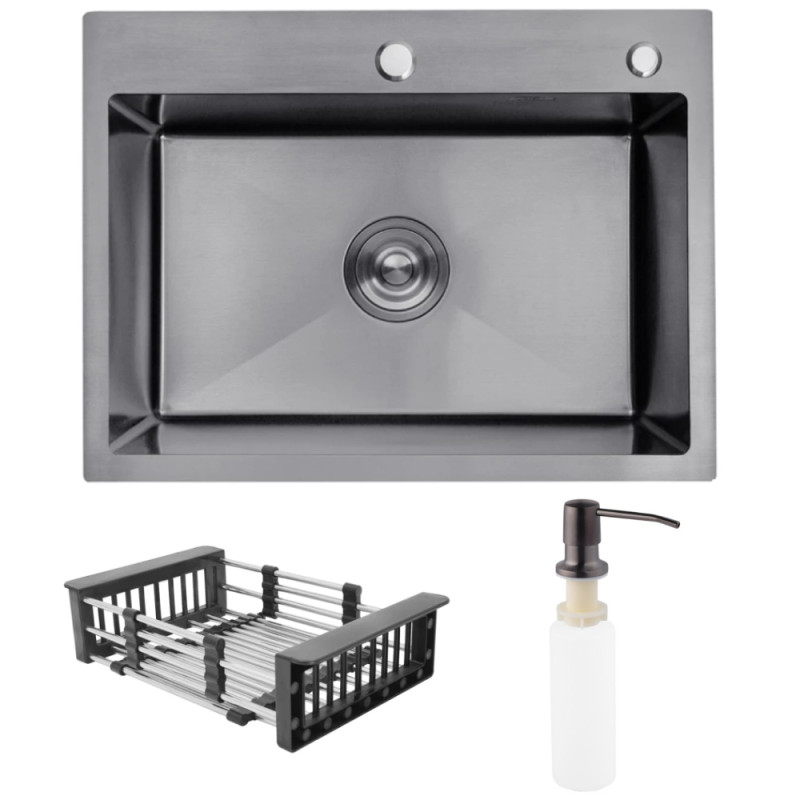 Мойка для кухни Kroner KRP Schwarze-5843HM 58х43 см с дозатором и сушилкой нержавеющая сталь черный PVD CV022794