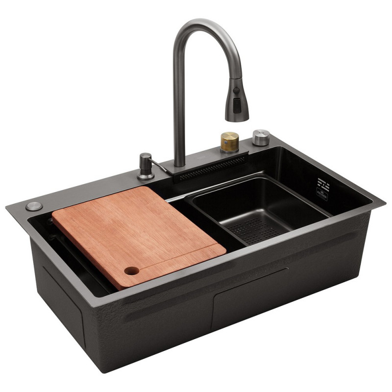 Мийка для кухні Kroner KRP SchwarzeSET7545HM 75х45 см із змішувачем та аксесуарами нержавіюча сталь чорний PVD CV033382