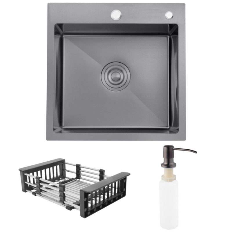 Мойка для кухни Kroner KRP Schwarze-5050HM 50х50 см с дозатором и сушилкой нержавеющая сталь черный PVD CV022793