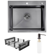Мийка для кухні Kroner KRP Schwarze-6050HM 60х50 см з дозатором та сушаркою нержавіюча сталь чорний PVD CV025260