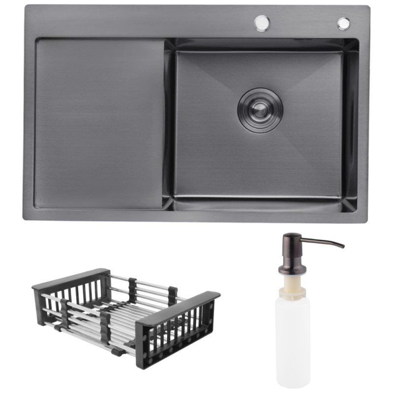 Мийка для кухні Kroner KRP Schwarze-7849RHM 78х49 см крило зліва нержавіюча сталь чорний PVD CV025279