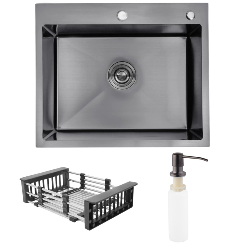 Мийка для кухні Kroner KRP Schwarze-6050HM 60х50 см з дозатором та сушаркою нержавіюча сталь чорний PVD CV025260