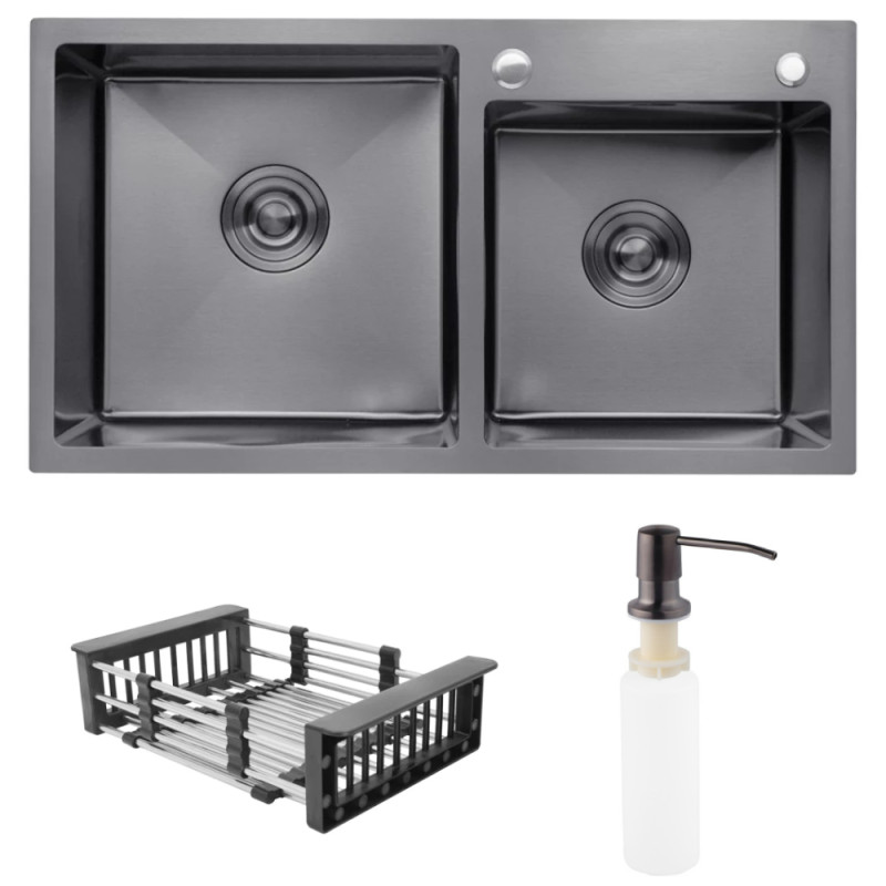 Мойка для кухни Kroner KRP Schwarze-7843ZHM 78х43 см с дозатором и сушилкой нержавеющая сталь черный PVD CV022797