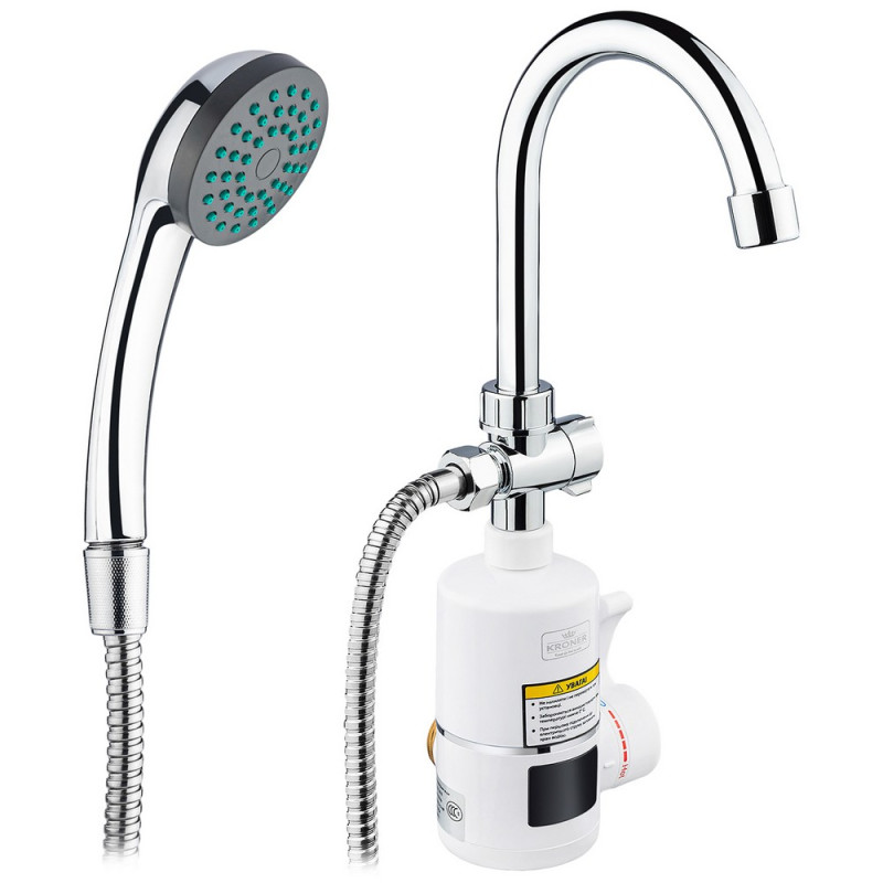 Водонагрівач проточний Kroner KRM Volt-CW190WMDS з краном та душовим гарнітуром хром/білий CV023247