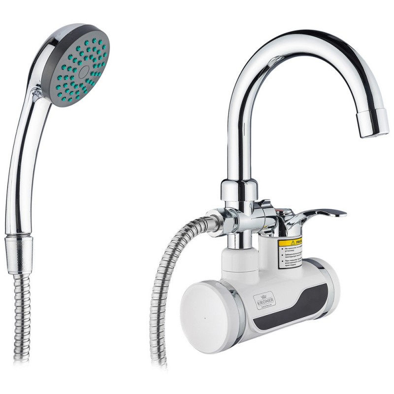 Водонагреватель проточный Kroner KRM Volt-CW191WMDS с краном и душевм гарнитуром хром/белый CV023249