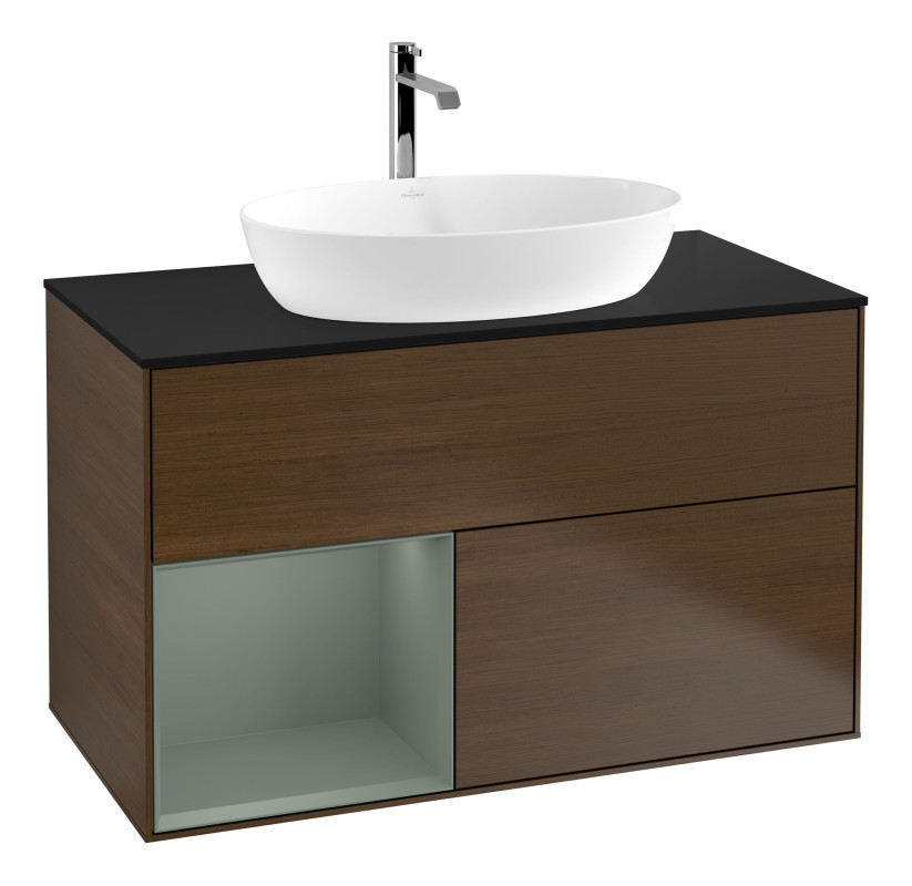Тумба под раковину Villeroy & Boch Finion 100х50,1 см с подсветкой МДФ шпон грецкого ореха/стекло черное матовое F772GMGN