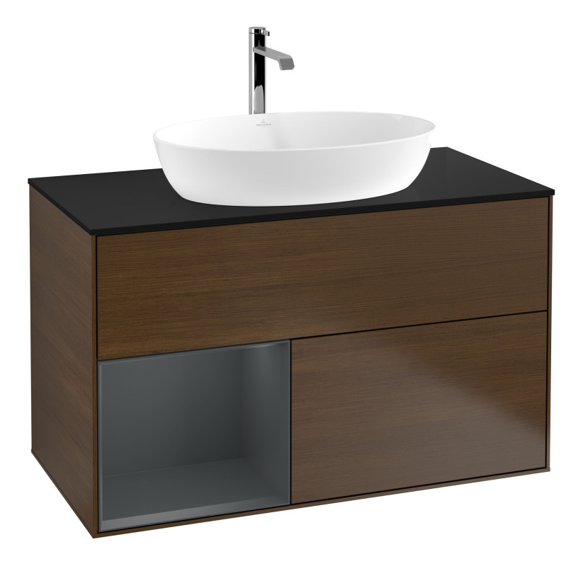 Тумба под раковину Villeroy & Boch Finion 100х50,1 см с подсветкой МДФ шпон грецкого ореха/стекло черное матовое F772HGGN