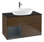 Тумба під раковину Villeroy & Boch Finion 100х50,1 см із підсвічуванням МДФ шпон волоського горіха/скло чорне матове F772HGGN