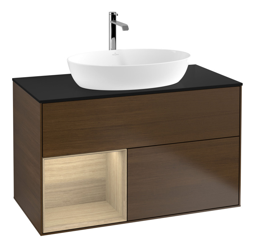 Тумба под раковину Villeroy & Boch Finion 100х50,1 см с подсветкой МДФ шпон грецкого ореха/стекло черное матовое F772PCGN