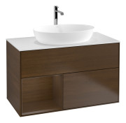 Тумба под раковину Villeroy & Boch Finion 100х50,1 см с подсветкой МДФ шпон грецкого ореха/стекло белое матовое G771GNGN