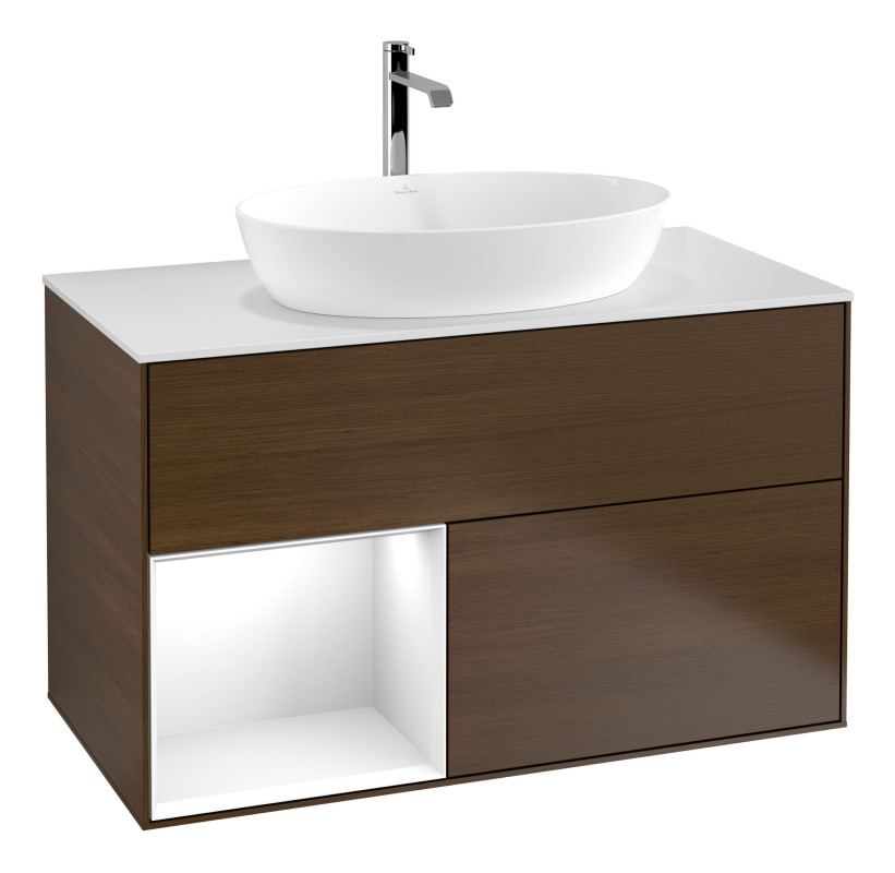 Тумба под раковину Villeroy & Boch Finion 100х50,1 см с подсветкой МДФ шпон грецкого ореха/стекло белое матовое G771GFGN