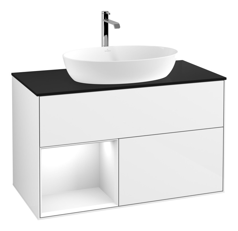 Тумба под раковину Villeroy & Boch Finion 100х50,1 см с подсветкой МДФ глянцевый белый лак/стекло черное матовое G772GFGF