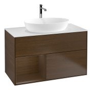 Тумба під раковину Villeroy & Boch Finion 100х50,1 см із підсвічуванням МДФ шпон волоського горіха/скло біле матове G771GNGN