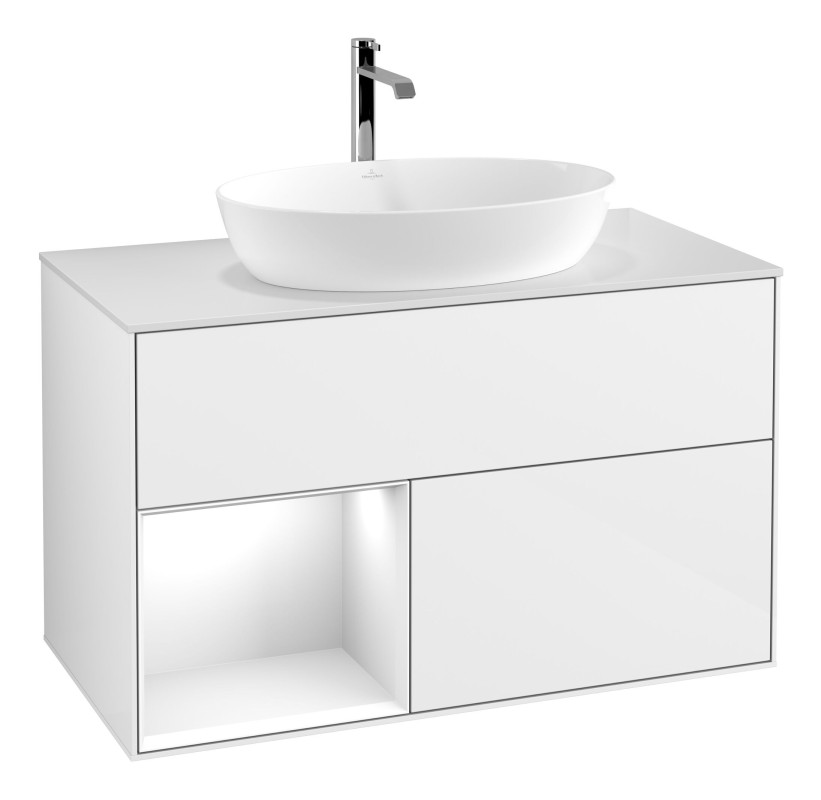 Тумба під раковину Villeroy & Boch Finion 100х50,1 см з підсвіткою МДФ білий глянцевий лак/скло біле матове G771GFGF