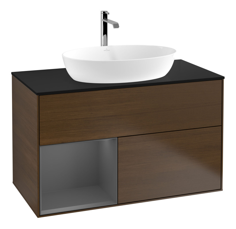 Тумба под раковину Villeroy & Boch Finion 100х50,1 см с подсветкой МДФ шпон грецкого ореха/стекло черное матовое G772GKGN