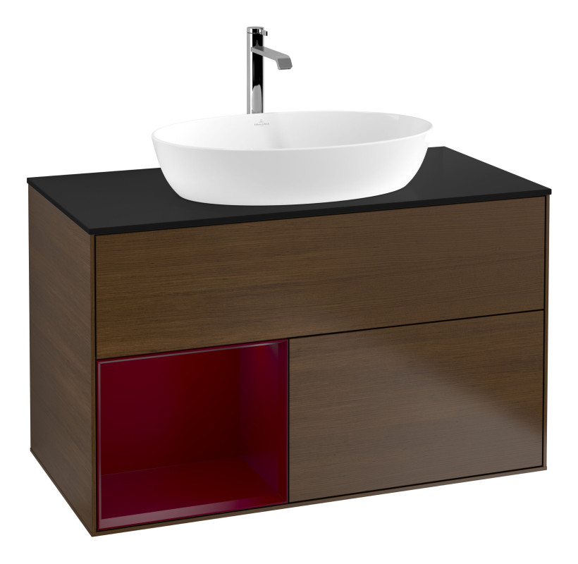 Тумба под раковину Villeroy & Boch Finion 100х50,1 см с подсветкой МДФ шпон грецкого ореха/стекло черное матовое G772HBGN